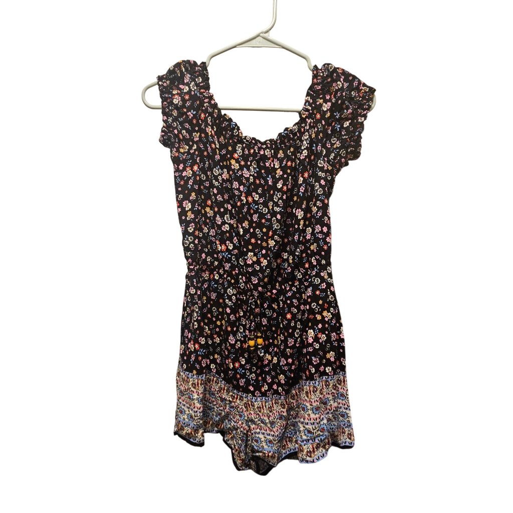 Bebop Womens Floral Boho Romper With Ruffle Sleeves & Drawstring Waist Size L